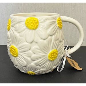 NWT Daisy Mug by Lang Design Group white yellow embossed large